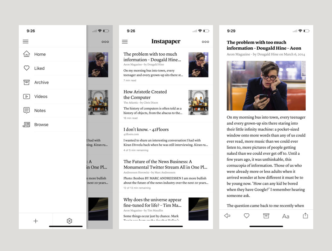 Instapaper on iOS (screenshots from App Store listing)