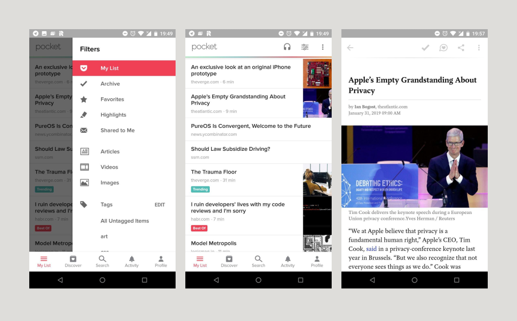 Pocket on Android - screenshots