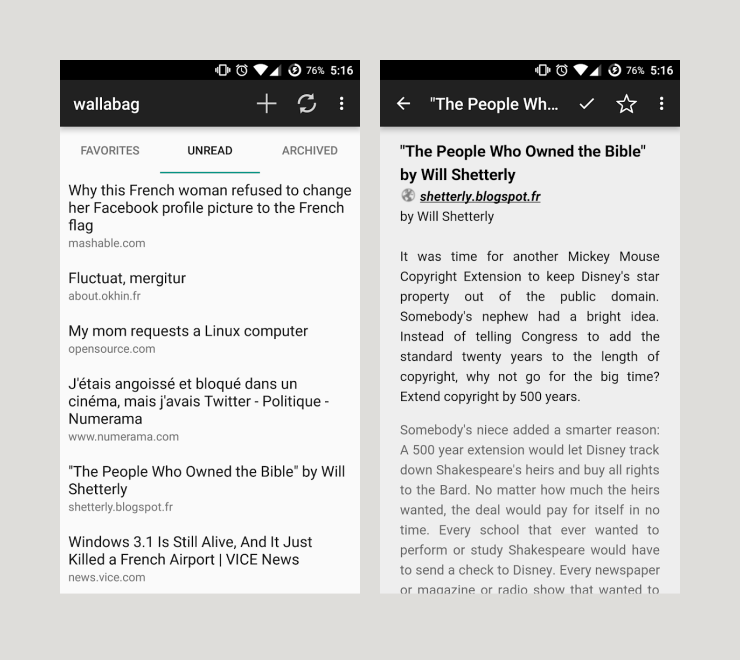 Wallabag for Android (screenshots from Google Play listing)