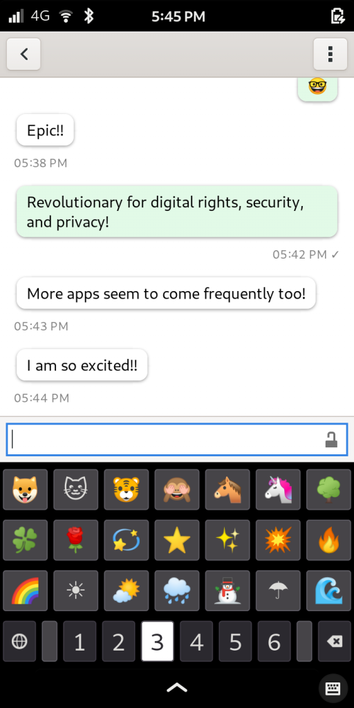 Librem 5, the most secure phone, showing emoji