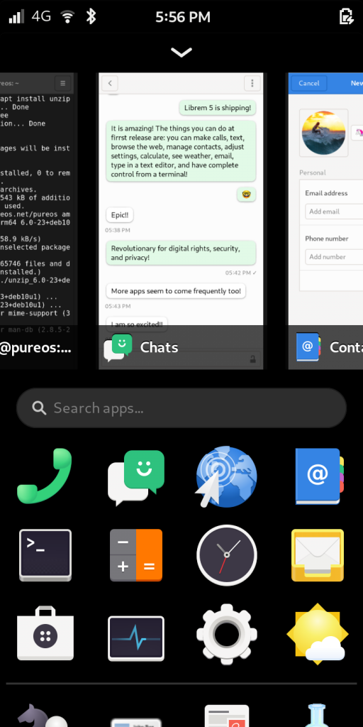 Librem 5, the most secure phone, showing phone apps