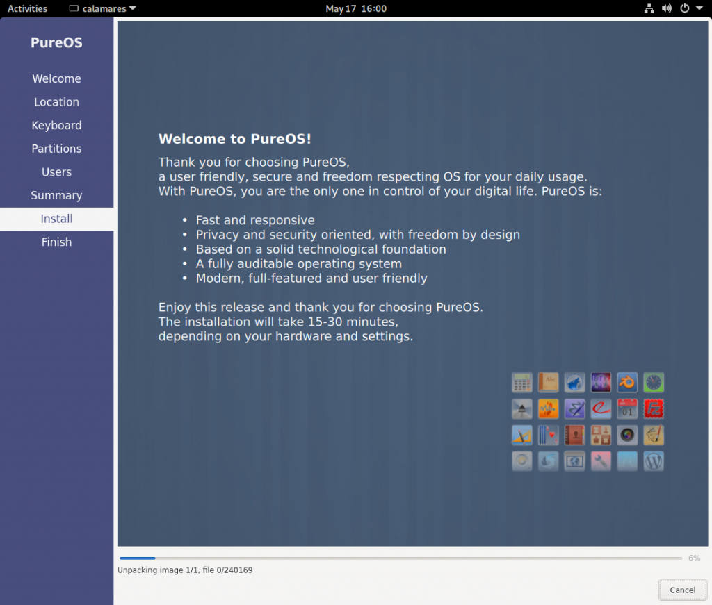 Screen shot of PureOS installer, Calamares