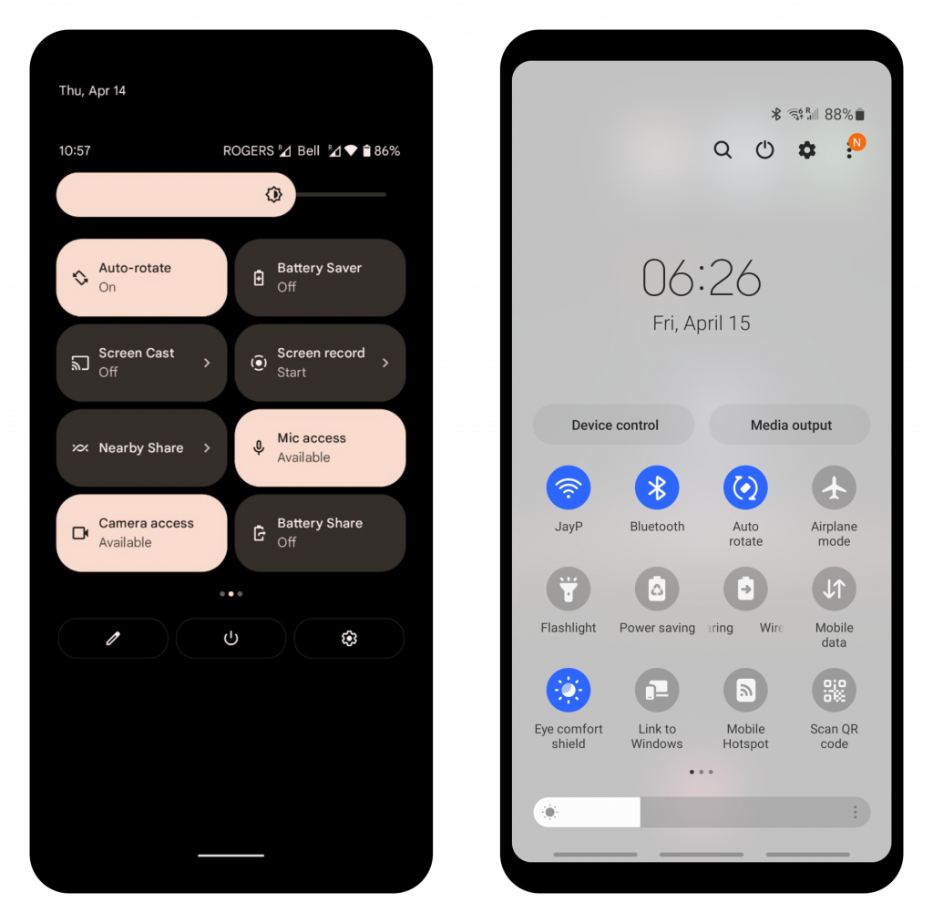 Two phones next to each other showing the quick settings UI in Google Android and Samsung's customized Android. In the Google one the quick settings are large rounded rectangles aligned to the top, in the Samsung one they're circles and aligned to the bottom.