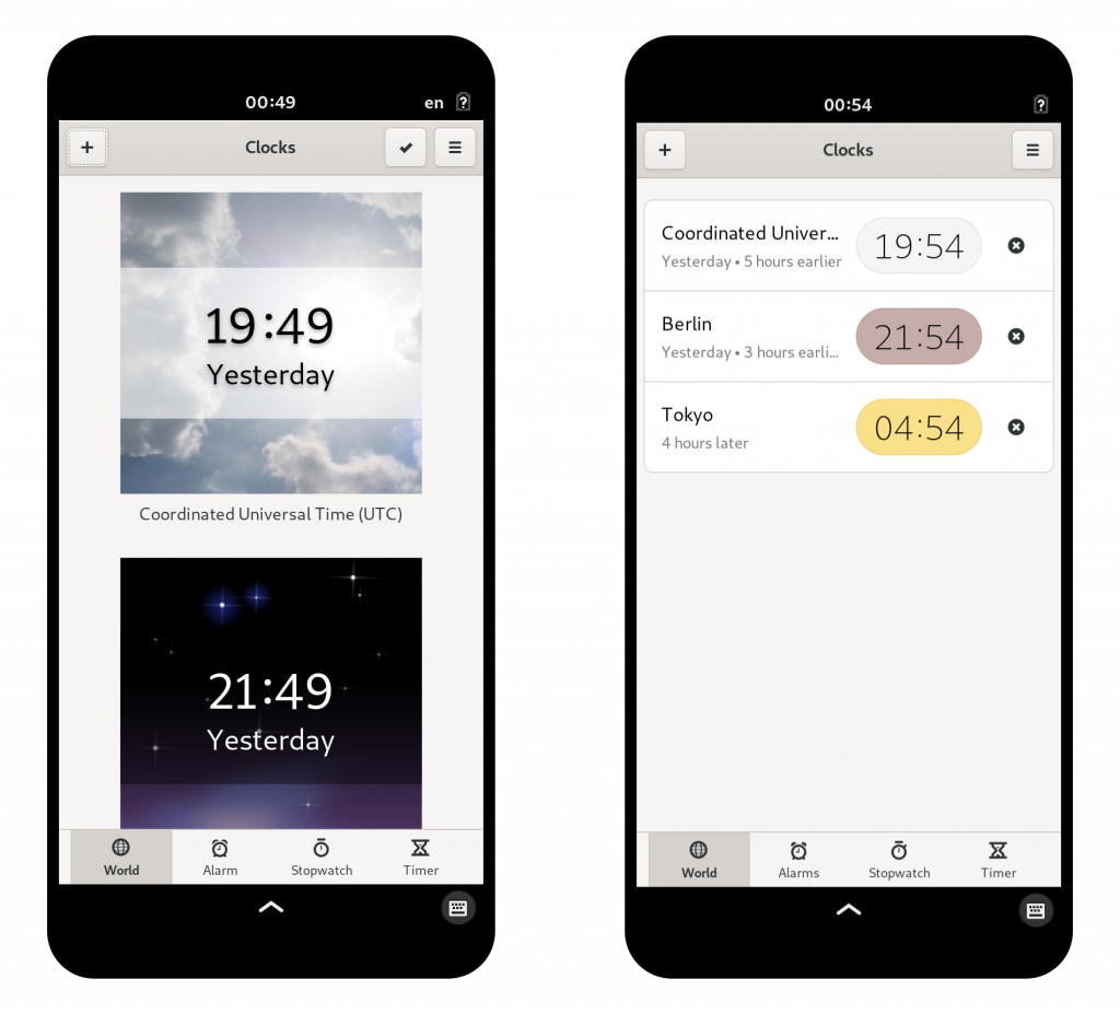 Two phones showing GNOME Clocks next to each other. On the left the world clocks are the old huge squares, one below the other, looking pretty awkward. On the right the world clocks are a normal listbox.