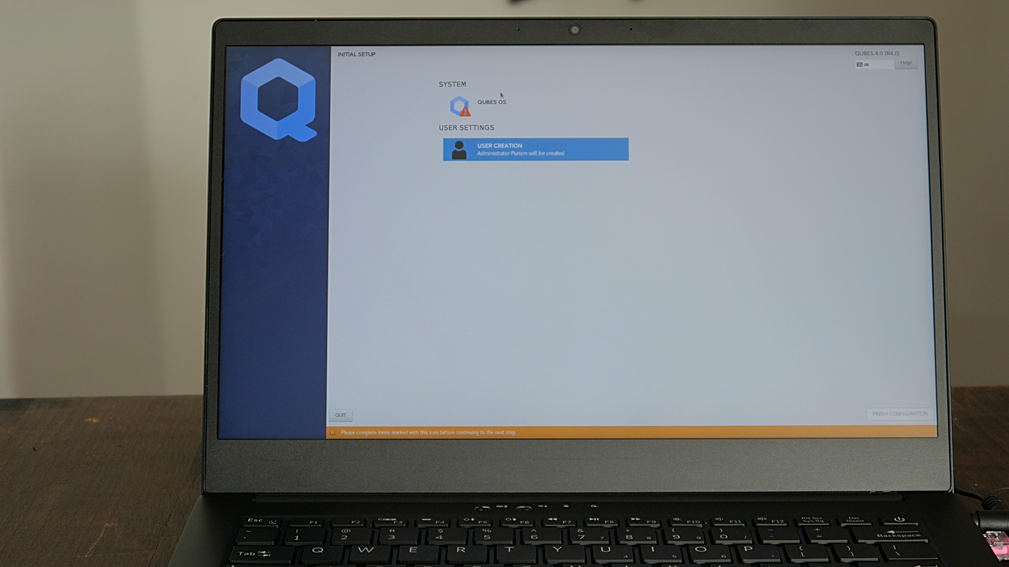 Qubes Initial Setup Window