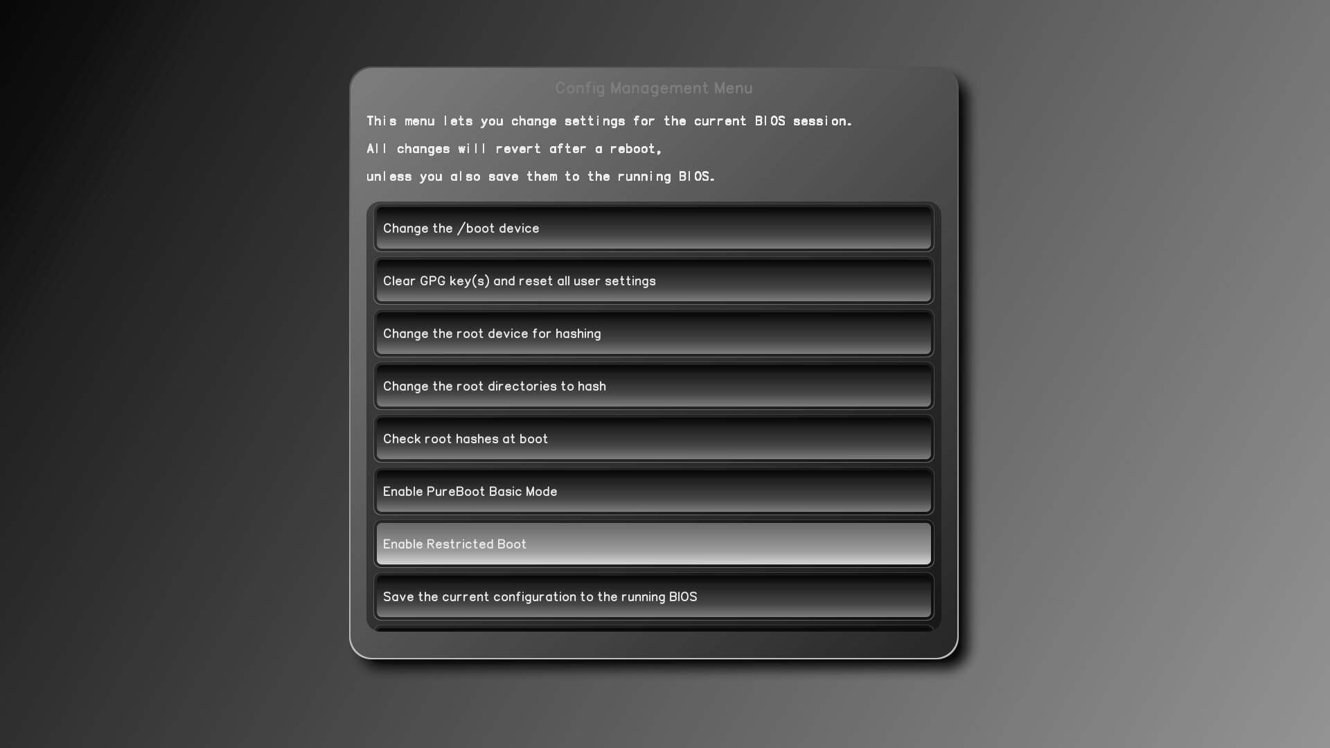 PureBoot Restricted Boot Config Menu