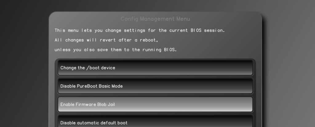 Screenshot of PureBoot configuration menu, with "Enable Firmware Blob Jail" selected
