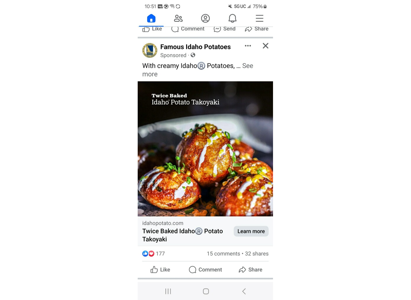 Screenshot of Facebook on Android, showing an ad for "Famous Idaho Potatoes"