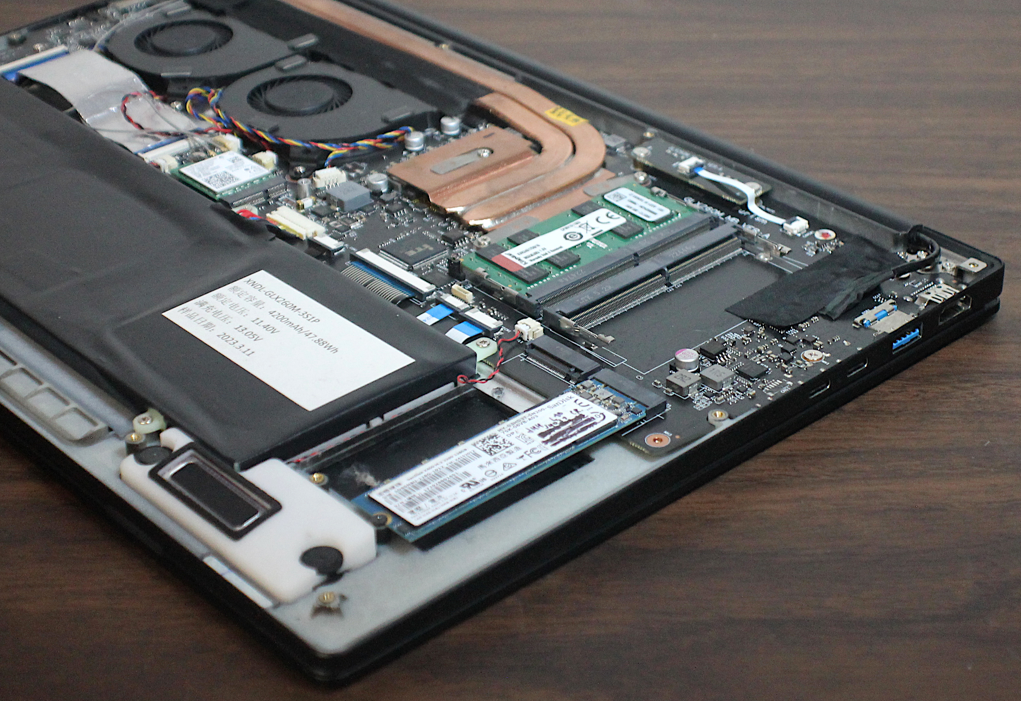 Photo of Librem 16 with bottom shell removed, showing SSD and RAM sockets